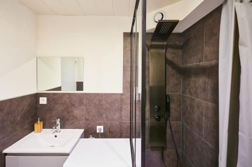 une salle de bain avec un lavabo et une douche dans l'établissement Le moulin vieux, à Pontarlier
