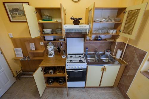 a small kitchen with a stove and a sink at 4 Évszak Apartman in Gyula
