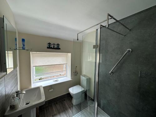 a bathroom with a shower and a sink and a toilet at The Coach House in Stamford