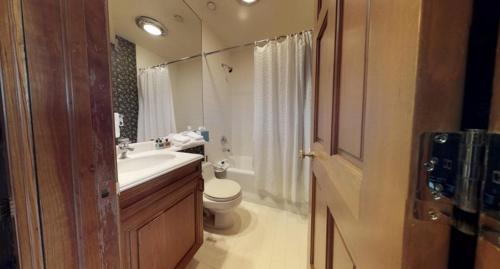 La salle de bains est pourvue d'un lavabo, de toilettes et d'une douche. dans l'établissement Vail Village Plaza Lodge 3 Bedroom Condo, à Vail