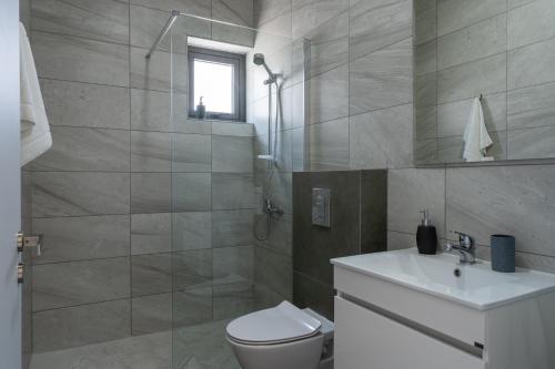 La salle de bains est pourvue de toilettes, d'un lavabo et d'une douche. dans l'établissement Yasou 1- Bedroom Apartment in Larnaca, à Larnaka
