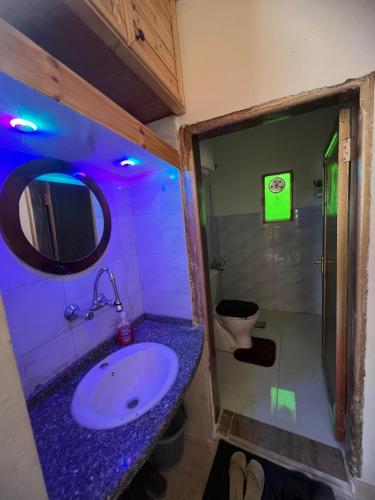 a bathroom with a sink and a toilet with purple lights at Oak Farm مزرعة الملّول in Ajloun