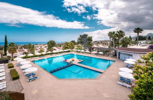 an overhead view of a swimming pool with lounge chairs and umbrellas at The Olive Tree Hotel in Kyrenia