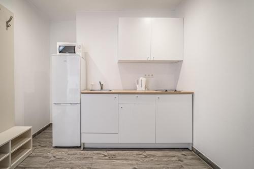 La cuisine est équipée de placards blancs et d'un réfrigérateur blanc. dans l'établissement Apartments By Pyramid - Michal, à Bratislava