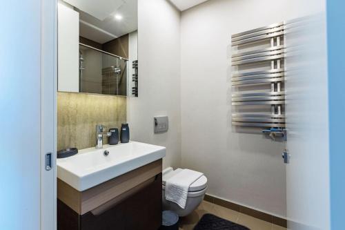a bathroom with a white sink and a toilet at Studio Flat with Panoramic City View in Atasehir in Istanbul