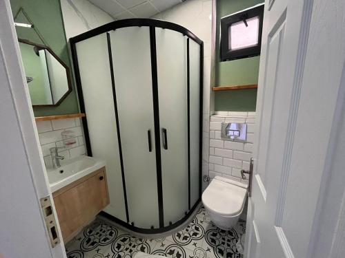 een badkamer met een douche, een toilet en een wastafel bij Akar Butik Otel in Gokceada Town