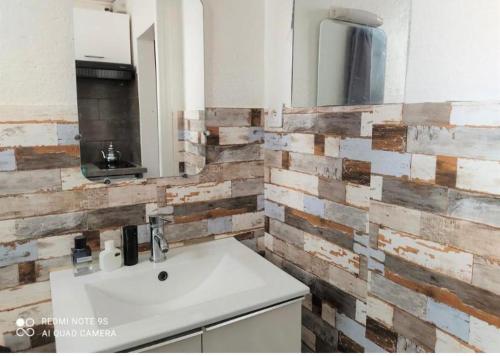 een badkamer met een wastafel en een spiegel bij Studio au Front de la Mer in Canet-en-Roussillon