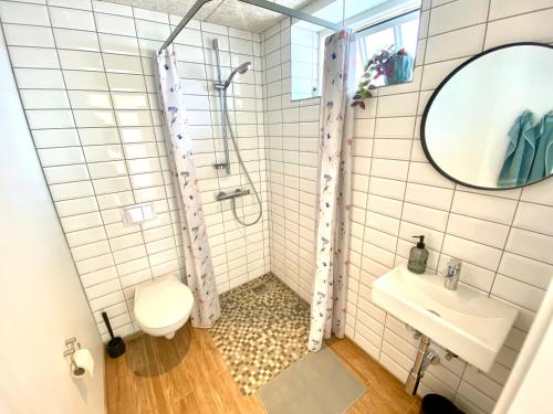 a bathroom with a shower and a toilet and a sink at Bøgelund Sleep-in in Karup
