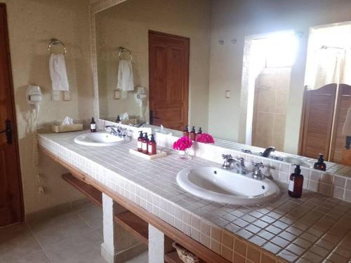 a bathroom with two sinks and a large mirror at Casa Boutique La Loma in Huasca de Ocampo