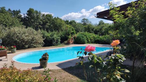 a swimming pool in a yard with flowers at Ubytování Carmen in Česká Skalice