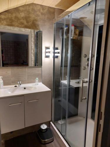 La salle de bains est pourvue d'une douche et d'un lavabo. dans l'établissement Baloe, à Manderfeld