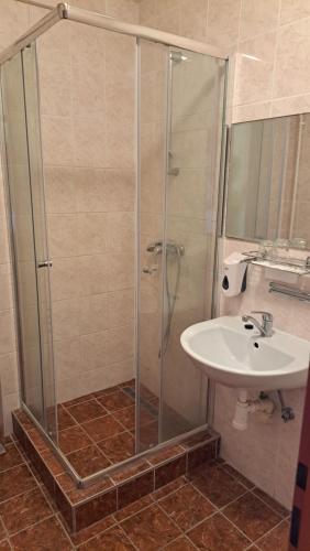 y baño con ducha y lavamanos. en Penzion Bruder, en Mojmírovce