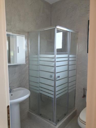 a bathroom with a shower and a toilet and a sink at Island apartment N.Skioni in Nea Skioni