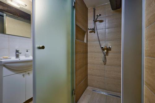 ein Bad mit einer Dusche und einem Waschbecken in der Unterkunft Kuća za odmor s bazenom TeriHy in Klake