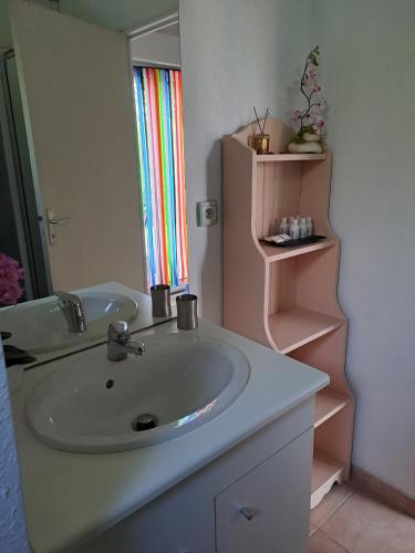 une salle de bain avec un lavabo et un miroir dans l'établissement Le Jardin Serein, à Salindres