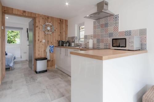 a kitchen with a counter and a microwave at The Garden Lodge - 1 Bedroom Lodge - Tenby in Tenby