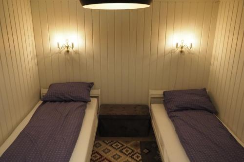 Vegårshei的住宿－Riverside Bliss Cozy Apartment near Tvedestrand，一间设有两张床的房间和墙上的两盏灯