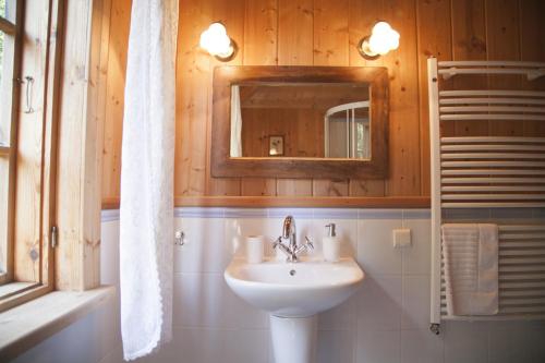 uma casa de banho com um lavatório e um espelho em Siedlisko Klangor em Wiżajny