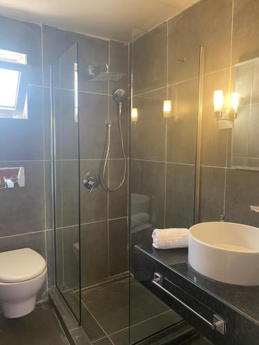 a bathroom with a shower and a toilet and a sink at The Prince Inn Hotel & Villas in Kyrenia