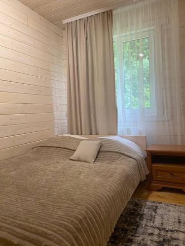 a bedroom with a bed and a window and a desk at Карпатська Модрина in Kosiv