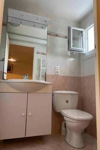 une salle de bain avec toilettes, lavabo et miroir dans l'établissement Carnac - Maison - Environnement nature et spacieux - 4-5 km des plages, à Carnac