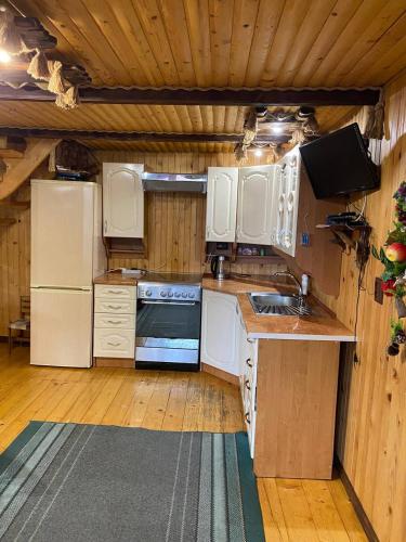 a kitchen with white appliances in a cabin at Карпатська Модрина in Kosiv