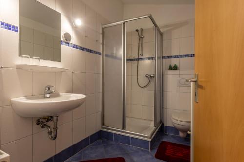 a bathroom with a shower and a sink and a toilet at Pension Cohrs Hof in Hellwege
