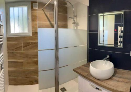 une salle de bain avec un lavabo et une douche en verre dans l'établissement maison climatisée 150 m de la mer, à Santa-Maria-Poggio