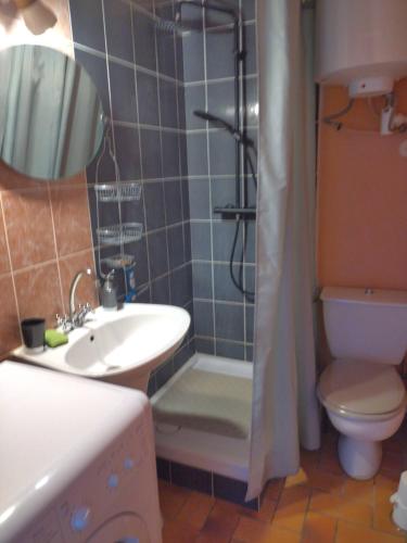 uma casa de banho com um lavatório, um WC e um chuveiro em Résidence Marina Soleil Bleu em Le Barcarès