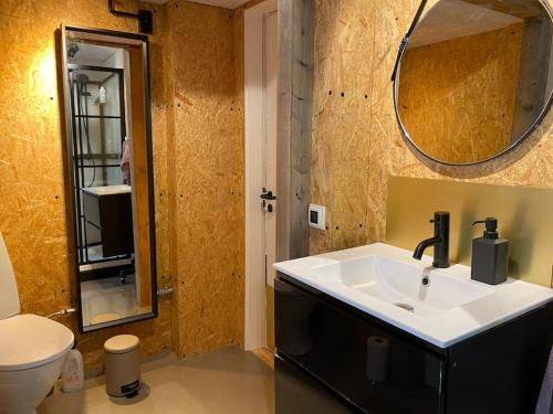 uma casa de banho com um lavatório e um espelho em Sommerhus med sjæl em Egå