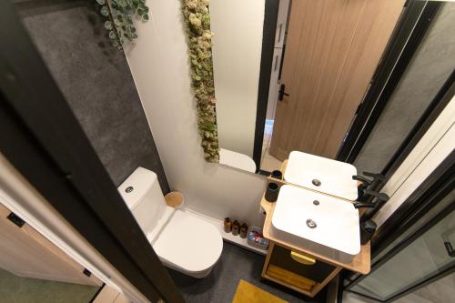 an overhead view of a bathroom with a toilet and a mirror at Luxury Bumblebee Cottage Frome Longleat Aqua Sana Bath DOG FREEndly in Frome