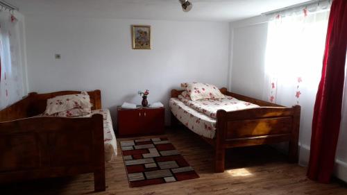 a bedroom with two beds and a window at Cabana Ela&Mada in Gîrda de Sus