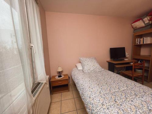 une chambre avec un lit et un bureau avec une télévision dans l'établissement La Perle Rose ONLY WOMEN femmes uniquement, à Vénissieux