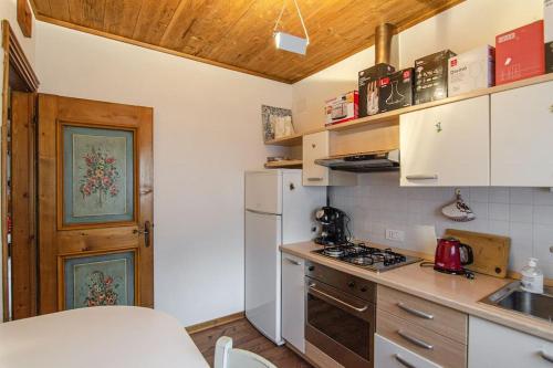 a kitchen with a stove and a white refrigerator at Estate in montagna in San Vito di Cadore