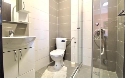 a bathroom with a toilet and a sink and a shower at Apartmani Kljajevic Sutomore in Bar