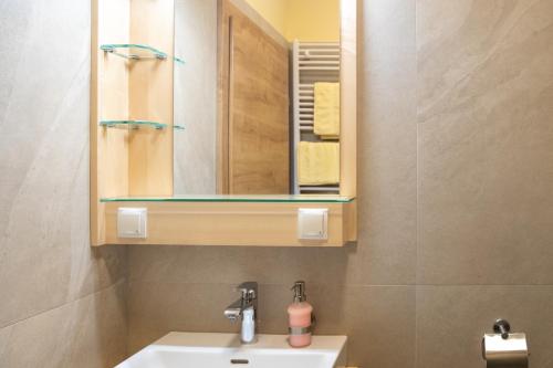 a bathroom with a sink and a mirror at Landhaus Storch - Pension in Gänserndorf