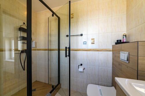 a bathroom with a shower with a toilet and a sink at Złoty Piach in Władysławowo