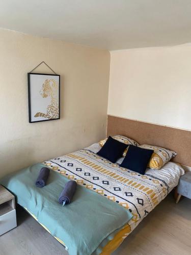 une chambre avec un lit avec des oreillers bleus dans l'établissement Naranjas - Fibre Wi fi - Centre ville, à Troyes