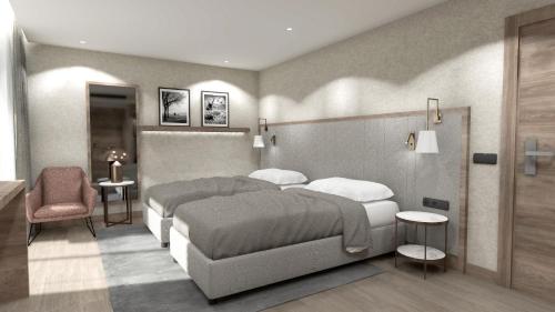 rendering sypialni z dwoma łóżkami i krzesłem w obiekcie SEA TOWN RESIDENCE TRABZON w mieście Yomra