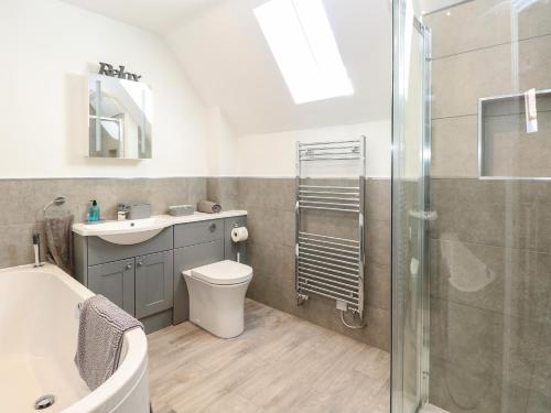 a bathroom with a toilet and a sink and a shower at Oak Tree House, 1 Homestead Gardens in Filby