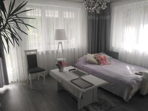 a bedroom with a bed and a table and a chair at Pokoje gościnne Słupy Olsztyn - parking in Olsztyn