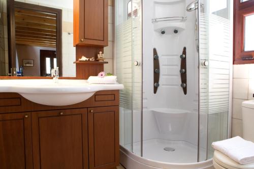 a bathroom with a sink and a shower at Aelia Villa in Sivota
