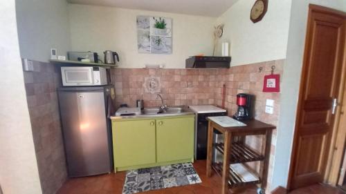 une petite cuisine avec un évier et un micro-ondes dans l'établissement Gites Les Roses, à Herblay