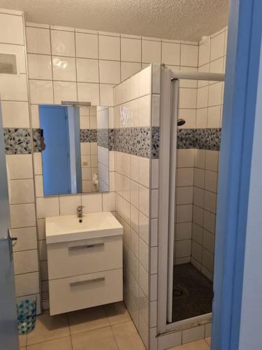 ein Bad mit einem Waschbecken und einer Dusche mit einem Spiegel in der Unterkunft Studio accès direct à la plage in Banyuls-sur-Mer