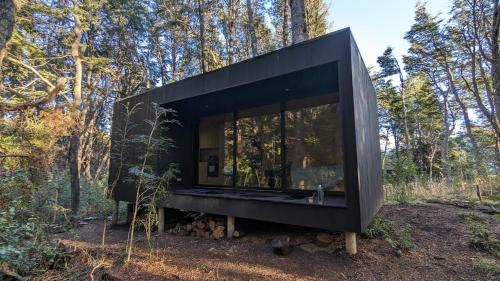 a black modern house in the woods at El Bosque in San Carlos de Bariloche