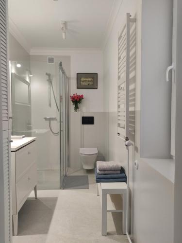 uma casa de banho branca com um chuveiro e um WC. em Apartament przy Wieży em Toruń
