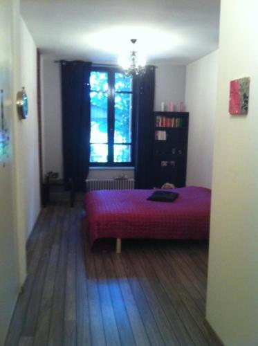 une chambre avec un lit rouge et une fenêtre dans l'établissement La Cathare, à Lézignan-Corbières