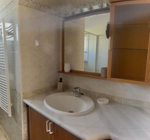 een badkamer met een wastafel en een spiegel bij Maison cosy au pied du golf in Muntanya la Sella