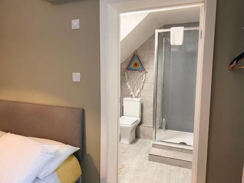 Habitación con baño con ducha y aseo. en La Di Da Hotel beach town en Bournemouth