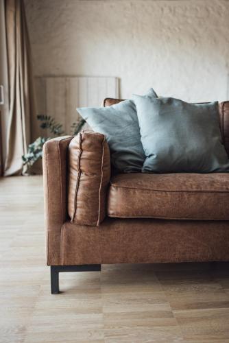 a brown couch sitting in a living room with pillows at Loft 88 in Eupen